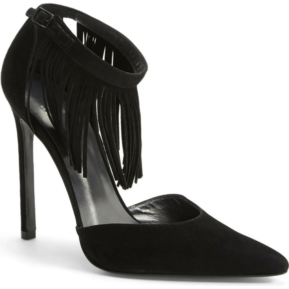 STUART WEITZMAN 'Fringelica' Fringe Suede Ankle Strap High Heel